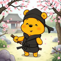 A whimsical illustration of Winnie the Pooh dressed as a ninja