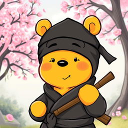 A whimsical illustration of Winnie the Pooh dressed as a ninja