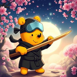 A whimsical and majestic illustration of Winnie the Pooh as a ninja god