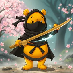 A whimsical and majestic illustration of Winnie the Pooh as a ninja god