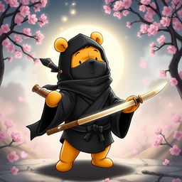 A whimsical and majestic illustration of Winnie the Pooh as a ninja god