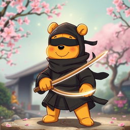 A whimsical and majestic illustration of Winnie the Pooh as a ninja god