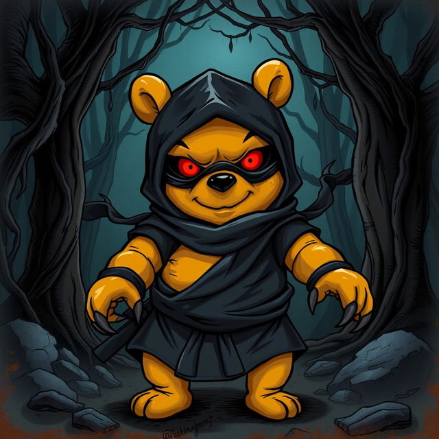 A unique illustration of Winnie the Pooh as a ninja demon