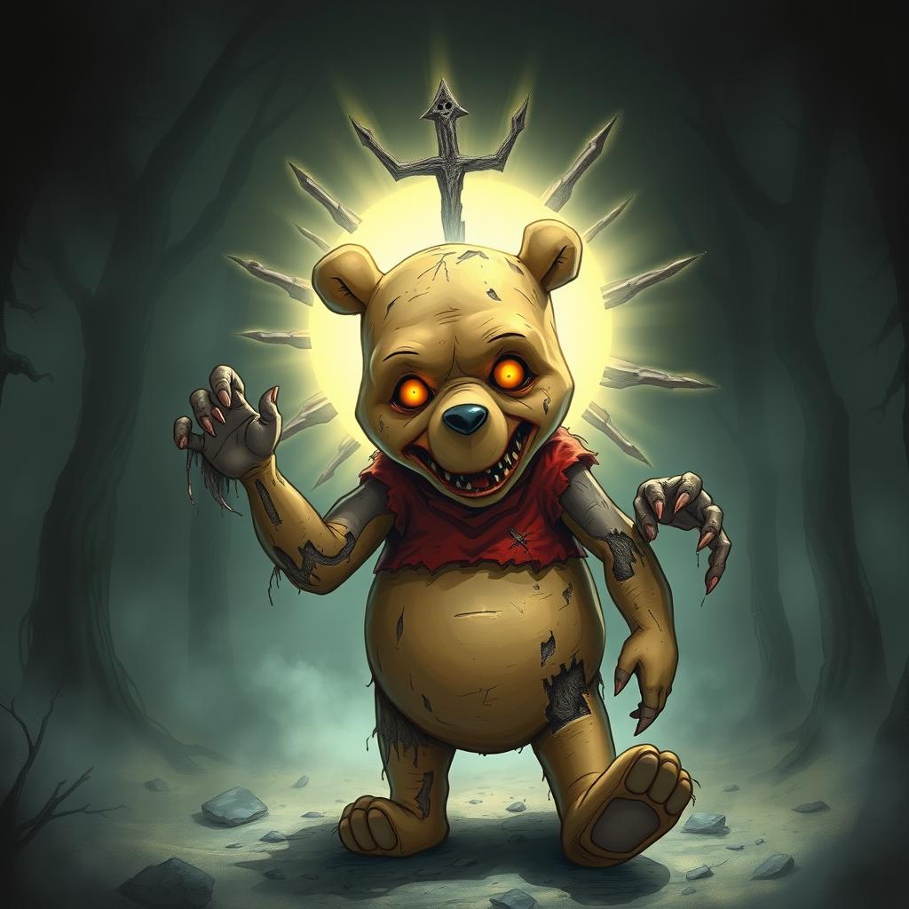 A surreal and eerie illustration of Winnie the Pooh as a zombie god