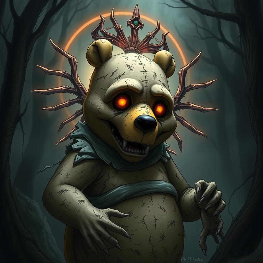 A surreal and eerie illustration of Winnie the Pooh as a zombie god