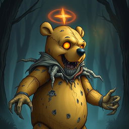 A surreal and eerie illustration of Winnie the Pooh as a zombie god