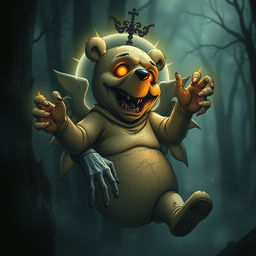 A surreal and eerie illustration of Winnie the Pooh as a zombie god