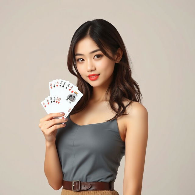 A realistic photo of an Asian girl holding some poker cards