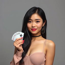 A realistic photo of an Asian girl holding some poker cards