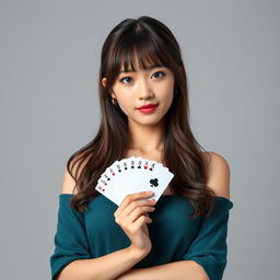 A realistic photo of an Asian girl holding some poker cards