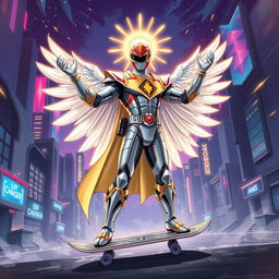 An epic illustration of a Power Ranger depicted as a god, standing triumphantly on a silver skateboard