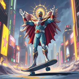 An epic illustration of a Power Ranger depicted as a god, standing triumphantly on a silver skateboard