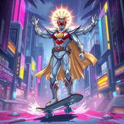 An epic illustration of a Power Ranger depicted as a god, standing triumphantly on a silver skateboard