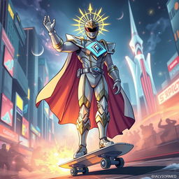 An epic illustration of a Power Ranger depicted as a god, standing triumphantly on a silver skateboard