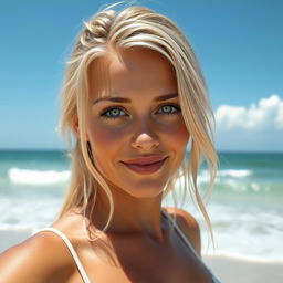 A hot and cute blonde woman with green eyes, a slight smile, a little paler complexion, and freckles, enjoying her time on a sunny beach