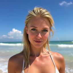 A hot and cute blonde woman with green eyes, a slight smile, a little paler complexion, and freckles, enjoying her time on a sunny beach