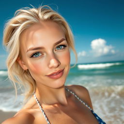 A hot and cute blonde woman with green eyes, a slight smile, a little paler complexion, and freckles, enjoying her time on a sunny beach