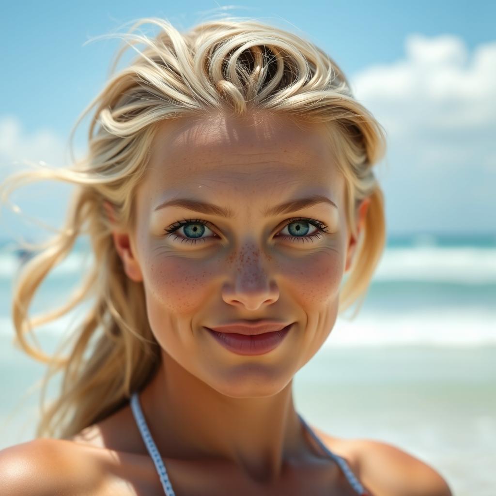 A hot and cute blonde woman with green eyes, a slight smile, a little paler complexion, and freckles, enjoying her time on a sunny beach