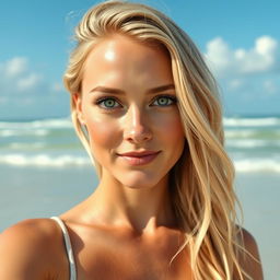 A hot and cute blonde woman with green eyes, a slight smile, a little paler complexion, and freckles, enjoying her time on a sunny beach