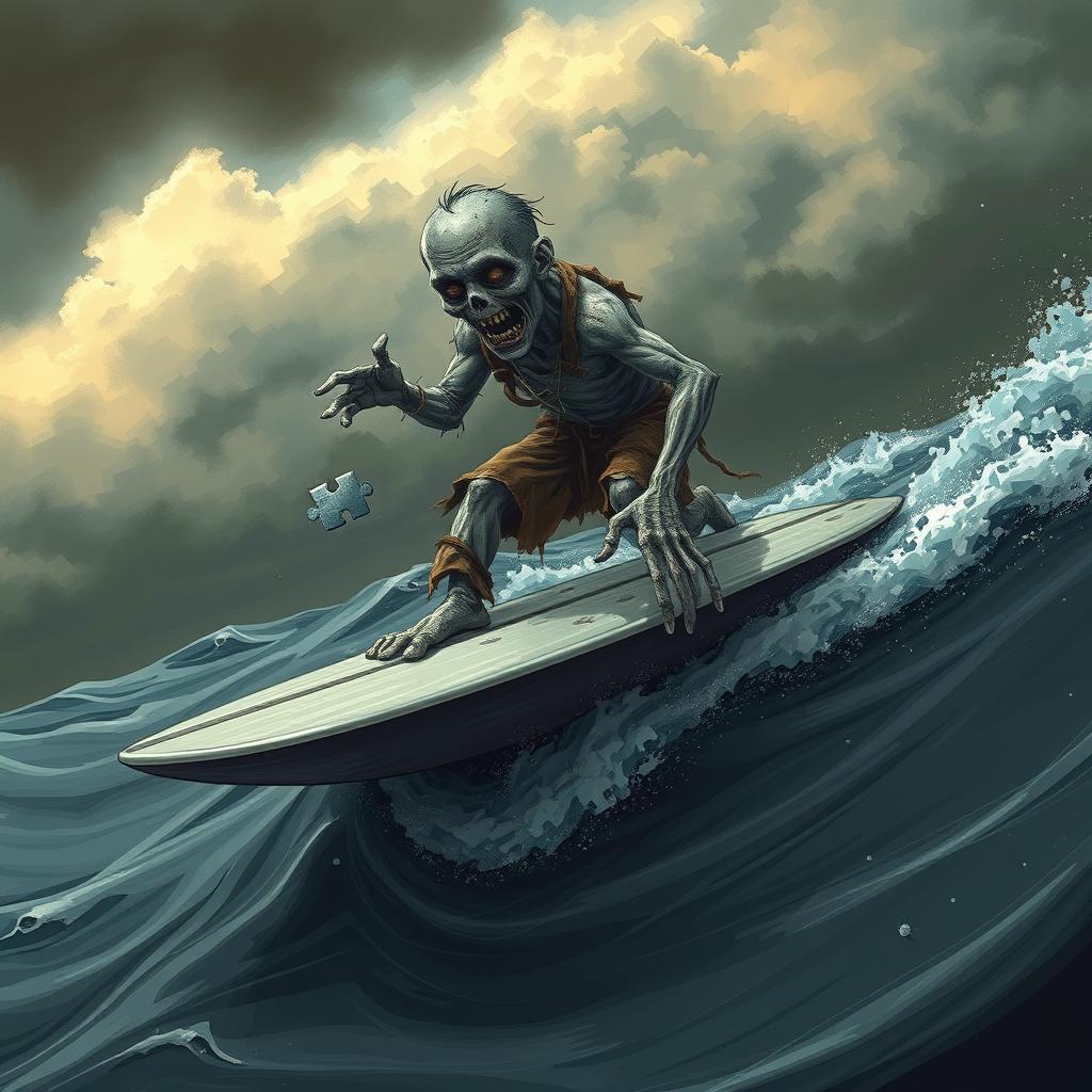 A thrilling illustration of a zombie solving puzzles while surfing on a silver surfboard