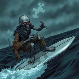 A thrilling illustration of a zombie solving puzzles while surfing on a silver surfboard