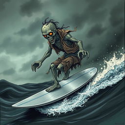 A thrilling illustration of a zombie solving puzzles while surfing on a silver surfboard