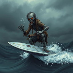 A thrilling illustration of a zombie solving puzzles while surfing on a silver surfboard