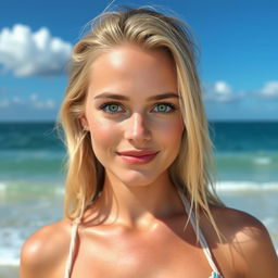 A hot and cute blonde woman with green eyes and a slight smile, standing on a sunny beach