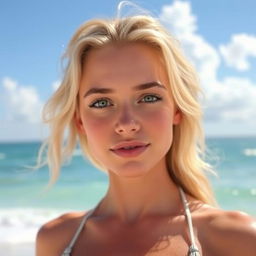 A hot and cute blonde woman with green eyes and a slight smile, standing on a sunny beach