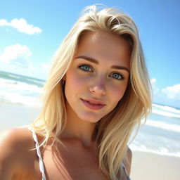 A hot and cute blonde woman with green eyes and a slight smile, standing on a sunny beach