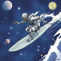 A dynamic illustration of a zombie as the Silver Surfer, surfing through space on a sleek, shiny surfboard