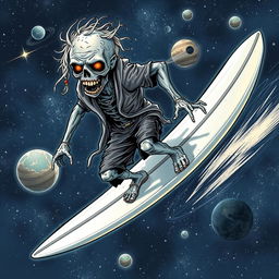 A dynamic illustration of a zombie as the Silver Surfer, surfing through space on a sleek, shiny surfboard