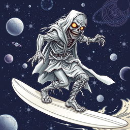 A dynamic illustration of a zombie as the Silver Surfer, surfing through space on a sleek, shiny surfboard