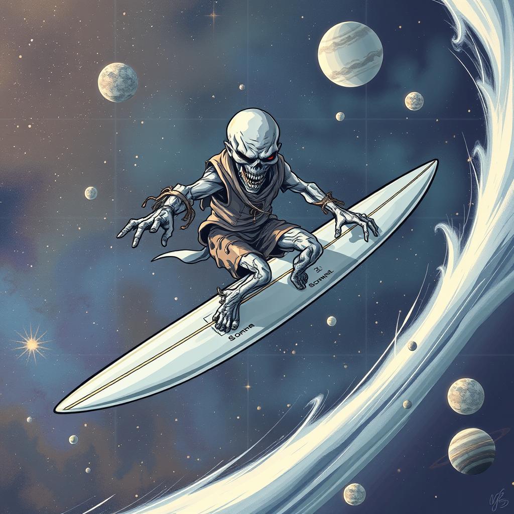 A dynamic illustration of a zombie as the Silver Surfer, surfing through space on a sleek, shiny surfboard