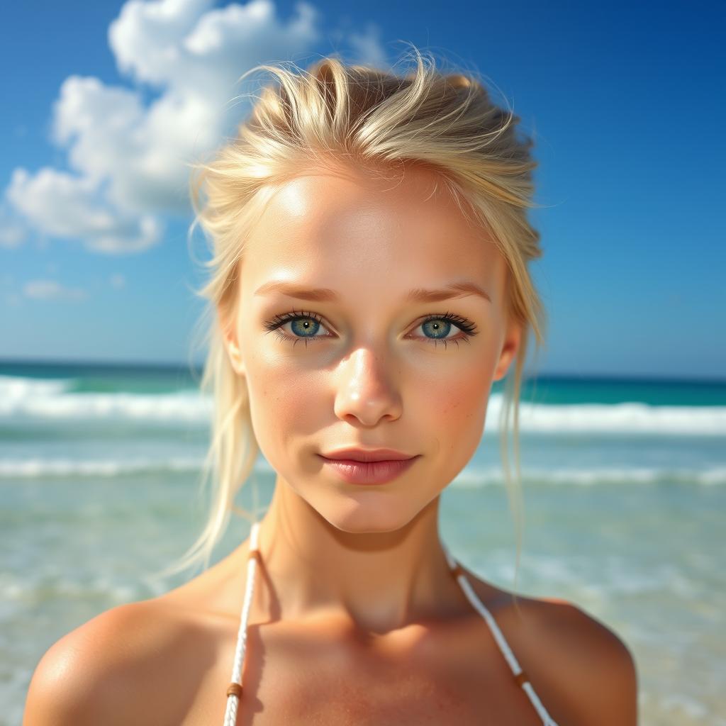 A cute blonde woman with green eyes, pale skin, and freckles, standing on a sunny beach