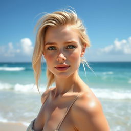 A cute blonde woman with green eyes, pale skin, and freckles, standing on a sunny beach