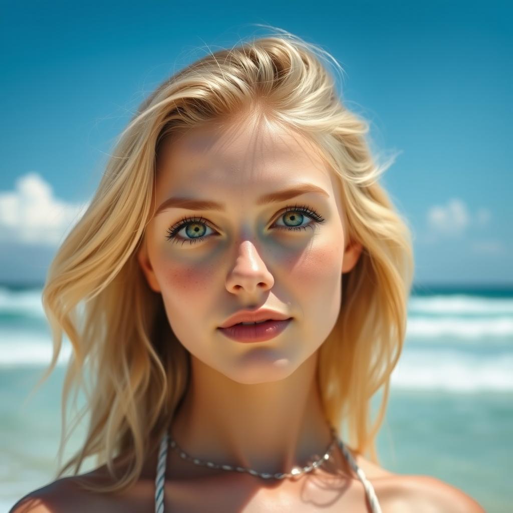 A cute blonde woman with green eyes, pale skin, and freckles, standing on a sunny beach