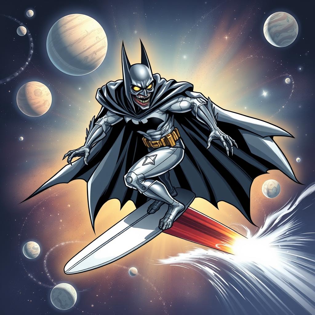 A dynamic illustration of a zombie Batman as the Silver Surfer, surfing through space on a sleek, shiny surfboard