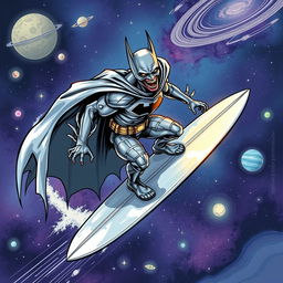 A dynamic illustration of a zombie Batman as the Silver Surfer, surfing through space on a sleek, shiny surfboard