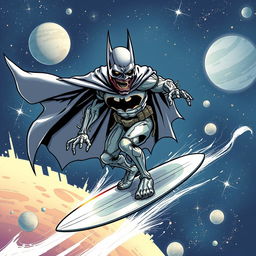 A dynamic illustration of a zombie Batman as the Silver Surfer, surfing through space on a sleek, shiny surfboard