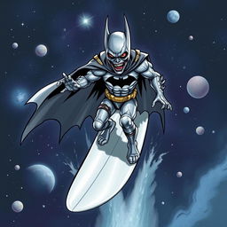 A dynamic illustration of a zombie Batman as the Silver Surfer, surfing through space on a sleek, shiny surfboard