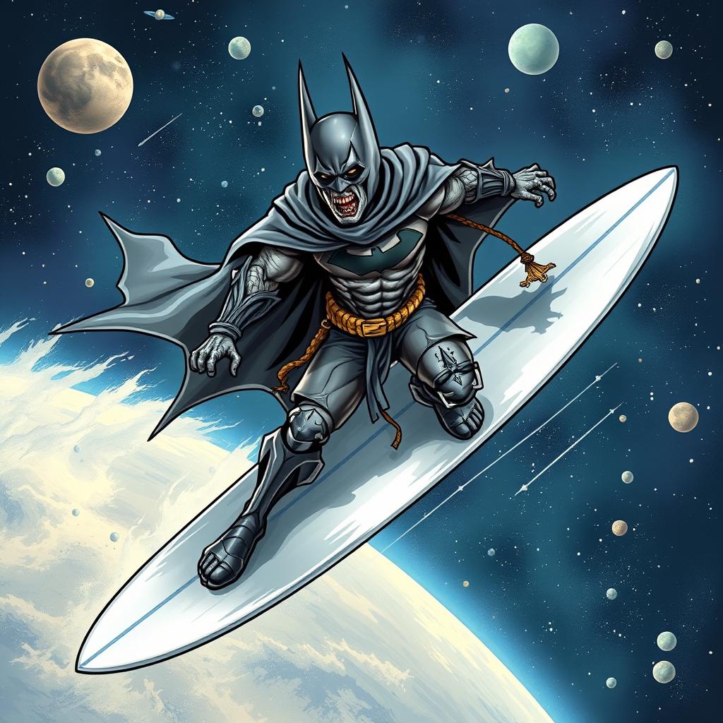 A dynamic illustration of a zombie ninja Batman as the Silver Surfer, surfing through space on a sleek, shiny surfboard