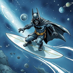 A dynamic illustration of a zombie ninja Batman as the Silver Surfer, surfing through space on a sleek, shiny surfboard