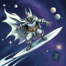 A dynamic illustration of a zombie ninja Batman as the Silver Surfer, surfing through space on a sleek, shiny surfboard