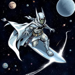 A dynamic illustration of a zombie ninja Batman as the Silver Surfer, surfing through space on a sleek, shiny surfboard