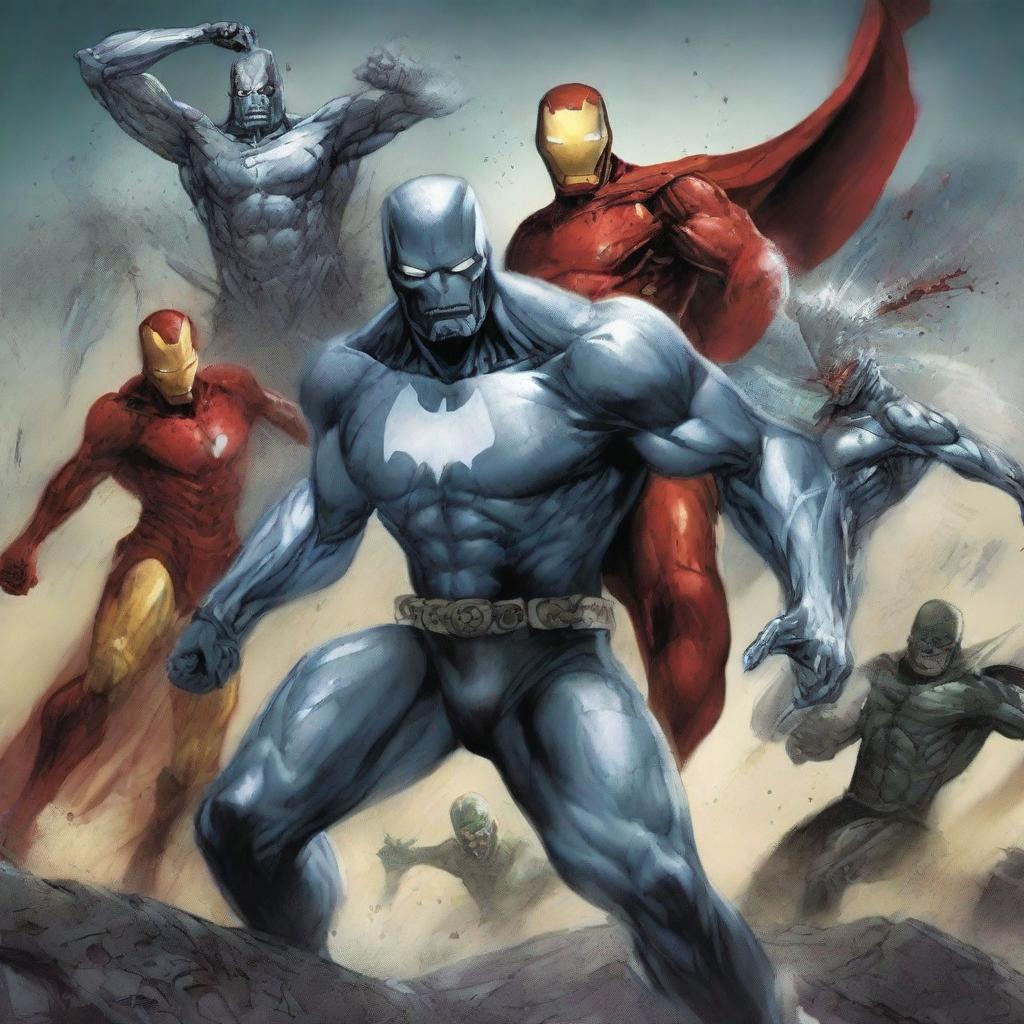 A dynamic and intense illustration featuring a combination of a zombie, ninja, Iron Man, Batman, and Silver Surfer