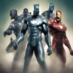 A dynamic and intense illustration featuring a combination of a zombie, ninja, Iron Man, Batman, and Silver Surfer