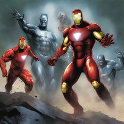 A dynamic and intense illustration featuring a combination of a zombie, ninja, Iron Man, Batman, and Silver Surfer