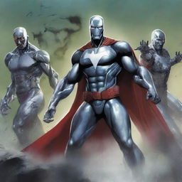 A dynamic and intense illustration featuring a combination of a zombie, ninja, Iron Man, Batman, and Silver Surfer