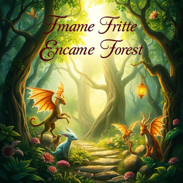 A captivating ebook cover featuring an enchanted forest with mystical creatures